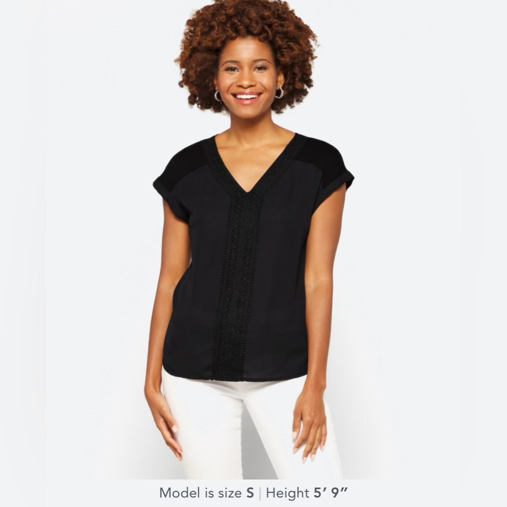 Fortune + Ivy Zora Crochet Trim Mixed Material Blouse